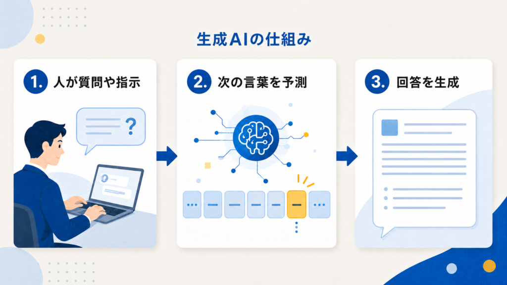 生成AIの仕組みを3段階で示した図。1. 人が質問や指示を入力し、2. AIが次に続く言葉を予測し、3. 回答を生成する流れ