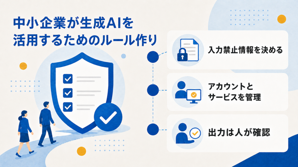 中小企業が生成AIを活用するためのルール作りを示した図。入力禁止情報を決める、アカウントとサービスを管理する、出力は人が確認する、の3点
